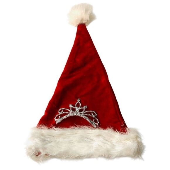 Red Santa Hat with Rhinestone Crown Tiara – Adult Size Holiday Christmas Hat, OS - Picture 1 of 4
